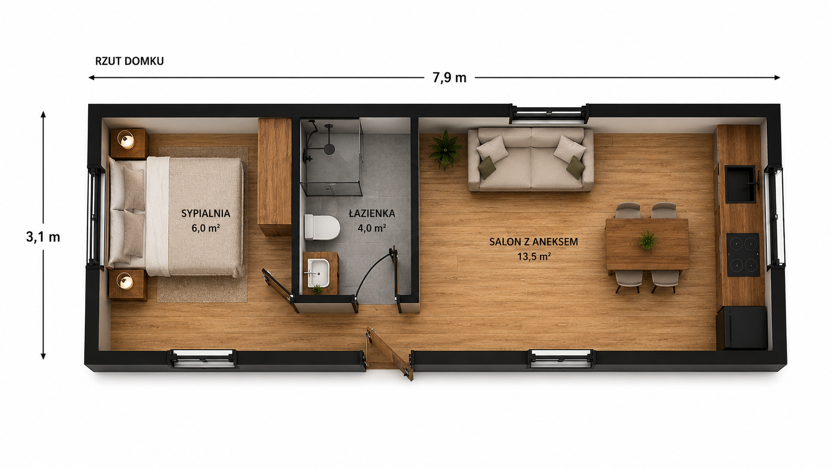 Rzut i wymiary domku 35 m²