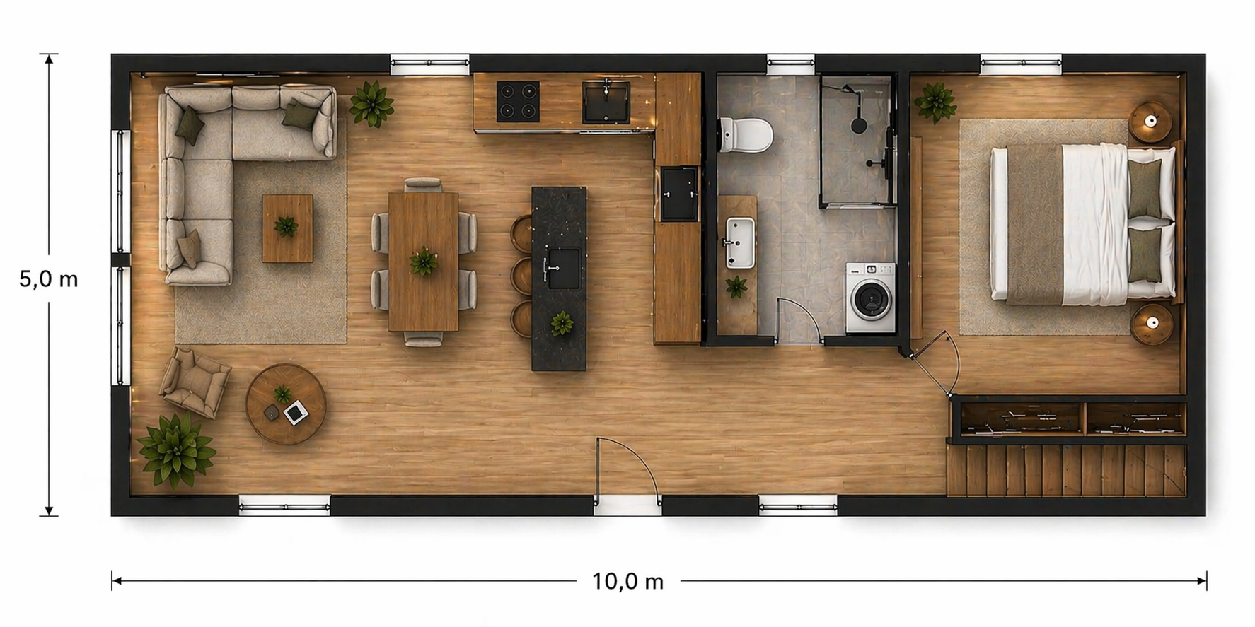 Rzut i wymiary domku 35 m²